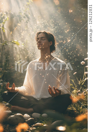 man shirt forest waterfall background scene 126212831