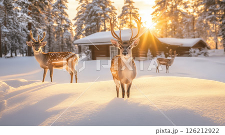 deer forest sunset scene snow deers 126212922