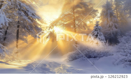forest sunbeams trees atmosphere snowy tranquil 126212923