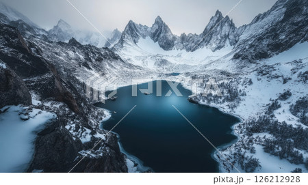 aerial view mountain range outcrops lake 126212928