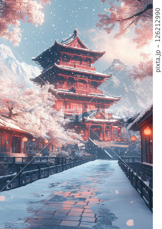 depiction mountains sky japanese temple rendered depiction mountains sky japanese temple rendered 126212990