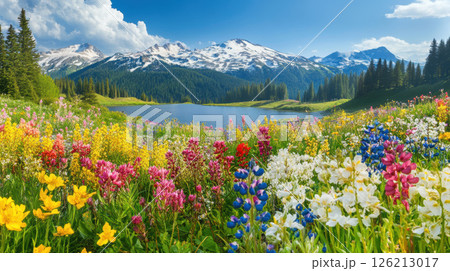 meadow background variety flowers daffodils lilies 126213017