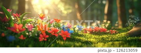 scene forest flowers variety tulips daisies 126213059