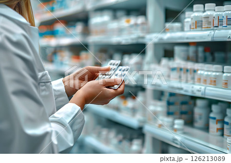 Pharmacist examines blister pack of pills in pharmacy. Shelves are stacked with various medicines. Close-up 126213089