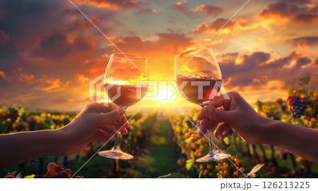 portrayal sunset vineyard hand glass wine 126213225