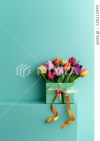 turquoise background tulips gift purple arrangement 126213445