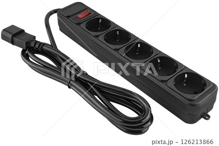 Black surge protector with long wire on white background. Black surge protector with long wire on white background. 126213866