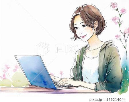ノートパソコンで作業をする女性の水彩画 126214044
