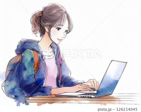 ノートパソコンで作業をする女性の水彩画 126214045