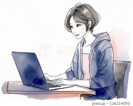 ノートパソコンで作業をする女性の水彩画 126214050