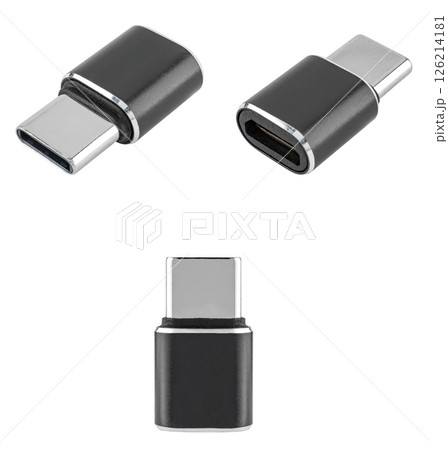 Connector adapter from micro USB to Type-C, on white background in insulation Connector adapter from micro USB to Type-C, on white background in insulation 126214181