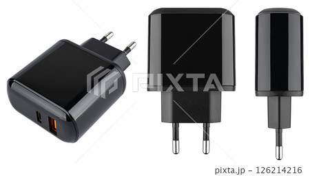 Powerful power adapter with universal USB connector, on white background in insulation Powerful power adapter with universal USB connector, on white background in insulation 126214216