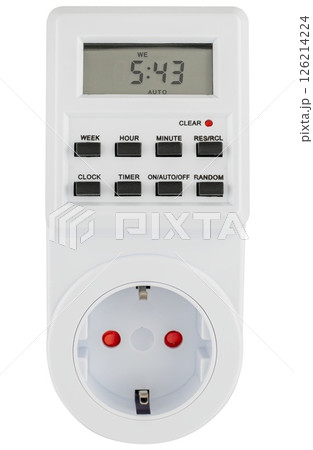 Programmable outlet timer with weekly schedule, on white background Programmable outlet timer with weekly schedule, on white background 126214224