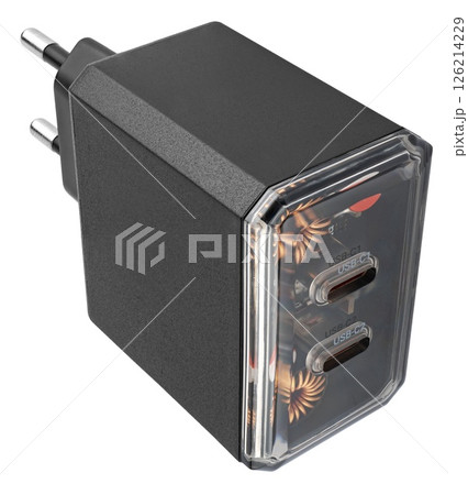 Mains power adapter for smartphones and tablets, on white background Mains power adapter for smartphones and tablets, on white background 126214229