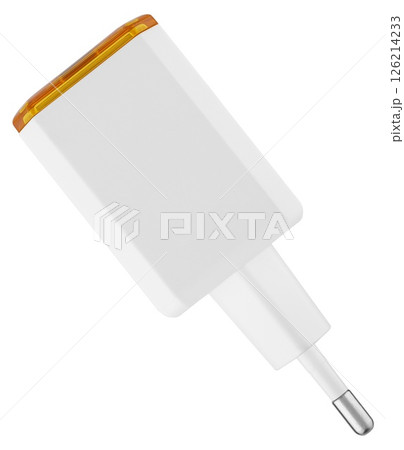 Compact charger for phones and gadgets, on a white background in insulation Compact charger for phones and gadgets, on a white background in insulation 126214233