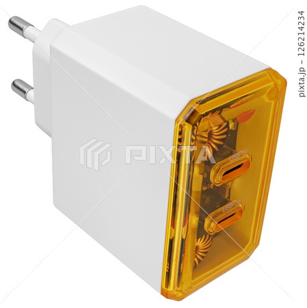 White power adapter with universal plug, on white background in insulation 126214234