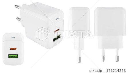 Minimalistic adapter for charging phones and accessories, on white background 126214238