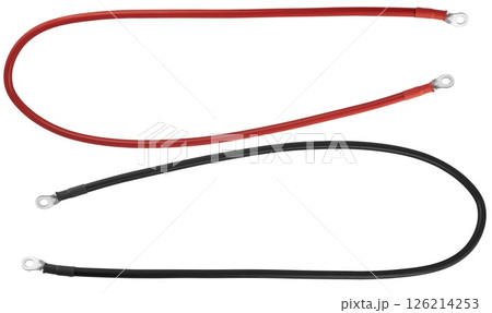 Wire with battery terminals, insulated on white background 126214253