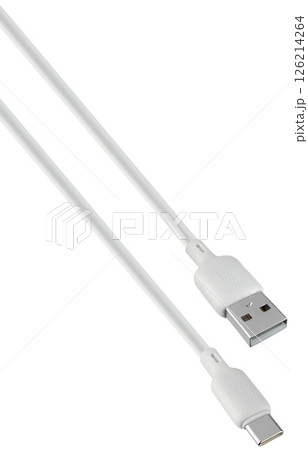 Durable charging cable with USB and Type-C connectors, on a white background in insulation 126214264