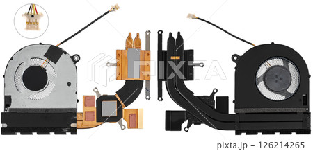 Laptop cooling kit, consisting of fan and heatsink, on white background in insulation. Laptop cooling kit, consisting of fan and heatsink, on white background in insulation. 126214265
