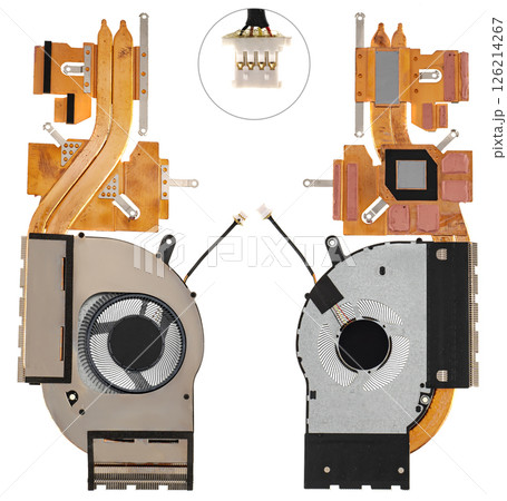 Radiator with fan for laptop cooling, on white background in insulation Radiator with fan for laptop cooling, on white background in insulation 126214267