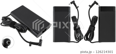Compact laptop charging adapter on white background. Compact laptop charging adapter on white background. 126214301