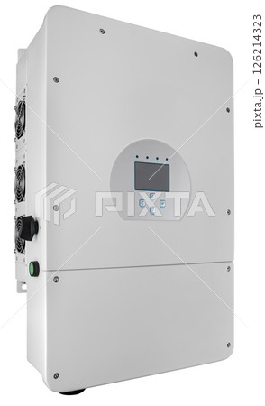Voltage inverter for solar panels, isolated white background. 126214323