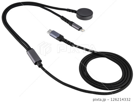 Multi-purpose cable with Lightning, Type-C and wireless charging connectors. 126214332