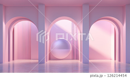 Abstract pink room with arch. Surreal architectural abstraction in pastel colors. Generated AI. 126214454