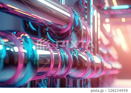 Abstract chrome pipes composition. Industry themed background with shiny metallic connected pipes. Generated AI. 126214459