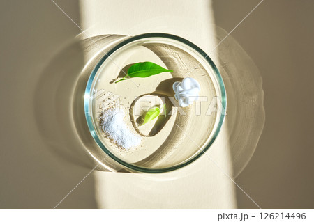 Textures of natural skin care products in a petri dish. 126214496