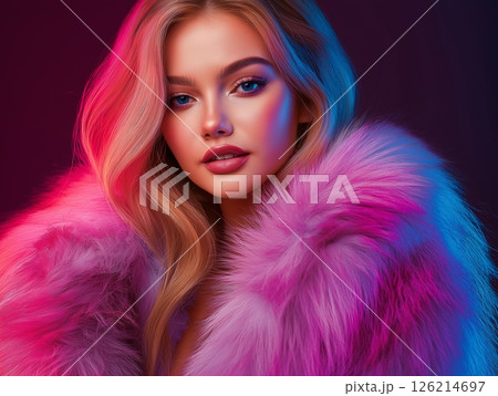 Stylish blonde woman in fluffy fur coat under pink and blue neon lights, glamorous portrait vibe. 126214697
