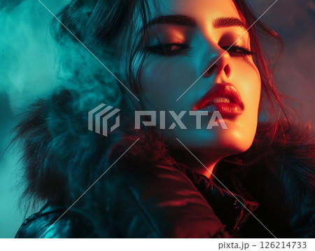 Brunette woman in fluffy fur coat under blue neon lights with mist, moody and stylish portrait. 126214733