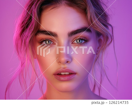 Charming European woman under neon pink light, soft portrait with glowing atmosphere. 126214735
