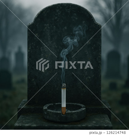 Burning cigarette rests on gravestone in foggy cemetery, with smoke curling into air, creating somber and mysterious atmosphere 126214748