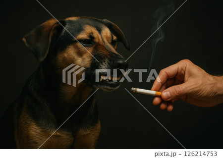 Dog showing its teeth at lit cigarette held by human hand, against dark background, expressing displeasure 126214753