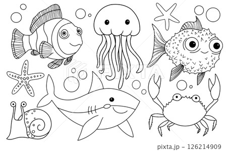 Coloring book. Illustration of cute sea creatures. jellyfish, crab, shark, fish. Vector illustration in doodle style. Coloring book. Illustration of cute sea creatures. jellyfish, crab, shark, fish. Vector illustration in doodle style. 126214909