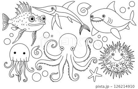 Coloring book. Adorable underwater illustration of sea creatures. Vector illustration in doodle style. 126214910