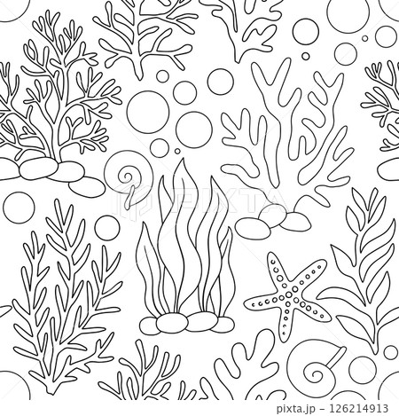 Coloring book. Underwater illustration, seamless pattern with seaweed and bubbles. Vector illustration in doodle style. Coloring book. Underwater illustration, seamless pattern with seaweed and bubbles. Vector illustration in doodle style. 126214913