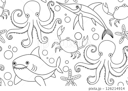 Coloring book. Cute underwater world seamless pattern. Fish, octopus, shark and sea life. Vector illustration in doodle style. Coloring book. Cute underwater world seamless pattern. Fish, octopus, shark and sea life. Vector illustration in doodle style. 126214914
