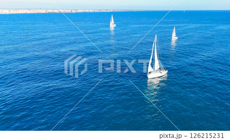 Sailing effortlessly across the vibrant blue waters on a sunlit afternoon near the coastline Generative AI 126215231