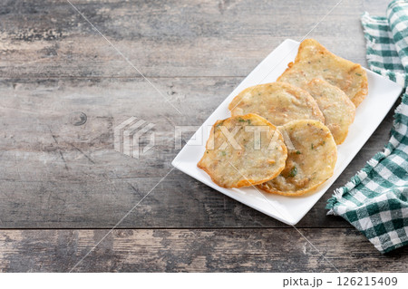 Tortillitas de camarones on wooden table. Traditional spanish food. 126215409