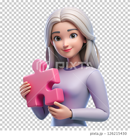 Business woman holding single pink puzzle piece, concept of unity, creative solutions and connection, 3d illustration 126215430