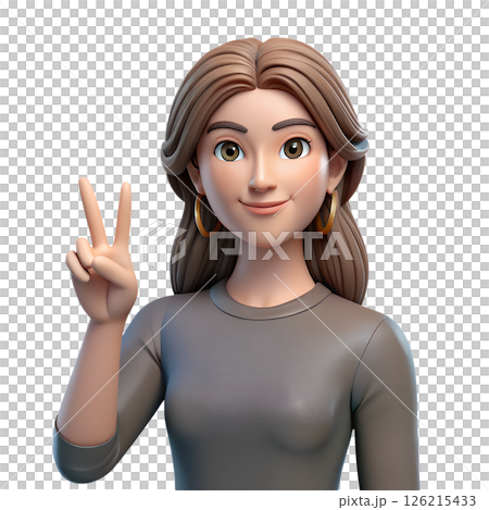 Happy 3d cartoon woman smiling and giving peace sign gesture, cheerful character isolated 126215433