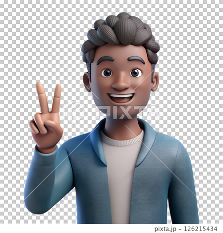 Cheerful 3d cartoon black man smiling and making a peace sign gesture, friendly and positive character 126215434