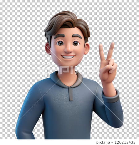 3d cartoon man giving the peace sign, playful and upbeat character with a cool gesture 126215435