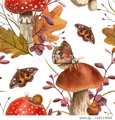 Forest mushrooms, snail, butterflies, autumn foliage and dried twigs seamless pattern Fly agaric, bolete botanical fall watercolor texture. Perfect for natural forest themes, seasonal textile,wrapping 126215664