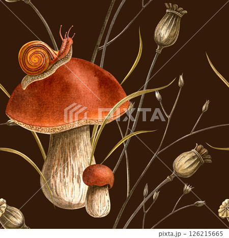 Autumn mushrooms, snails and poppy bulbs seamless pattern. Watercolor hand painted botanical detailed vintage illustration. Autumn seasonal herbal texture for home fabrics, wallpaper, wrapping 126215665