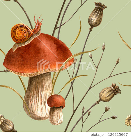 Autumn harvest bolete mushrooms, snail and poppy bulbs seamless pattern. Watercolor hand painted botanical detailed vintage illustration. Autumn seasonal floral texture for home fabrics, wallpaper Autumn harvest bolete mushrooms, snail and poppy bulbs seamless pattern. Watercolor hand painted botanical detailed vintage illustration. Autumn seasonal floral texture for home fabrics, wallpaper 126215667