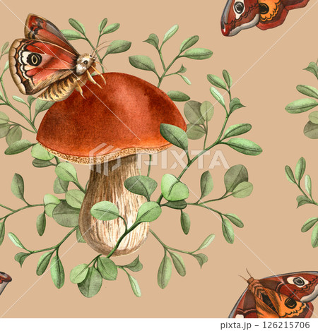 Beige mocha autumn floral seamless pattern with bolete mushrooms, peacock butterflies and foliage. Fall forest botanical watercolor. Seasonal colorful texture for fabric, wallpaper, wrapping, prints Beige mocha autumn floral seamless pattern with bolete mushrooms, peacock butterflies and foliage. Fall forest botanical watercolor. Seasonal colorful texture for fabric, wallpaper, wrapping, prints 126215706